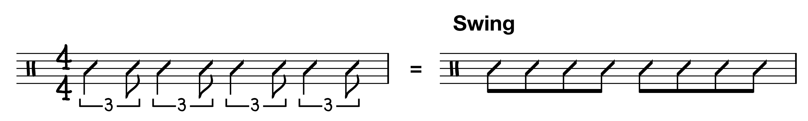 Nuottiesimerkki: iskullinen kahdeksasosanuotti vastaa kestoltaan kahta triolin kahdeksasosaa ja iskuton kahdeksasosanuotti yhtä triolin kahdeksasosaa.