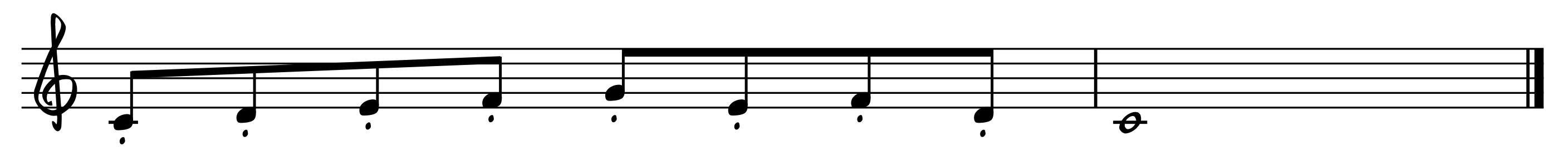 Nuottiesimerkki: Staccato merkittynä piseellä nuotin alle.