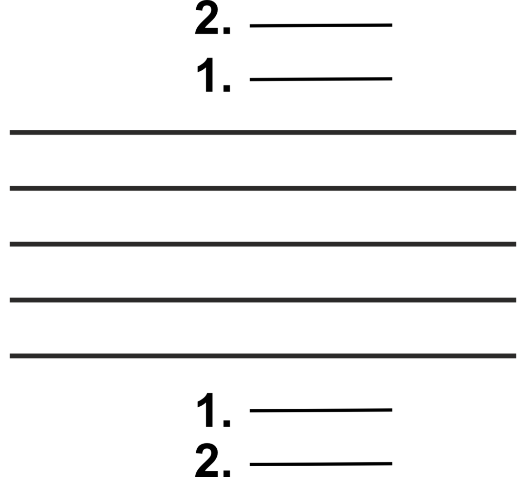 Nuottiesimerkki viivastosta ja sen ylä- ja alapuolelle lisätyistä apuviivoista.