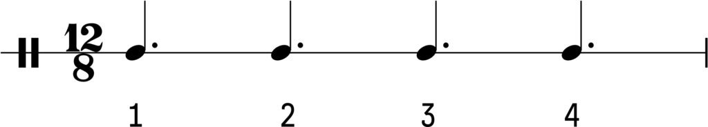 Nuottiesimerkki, jossa 12/8-tahdissa on neljä pisteellistä 1/4-nuottia.